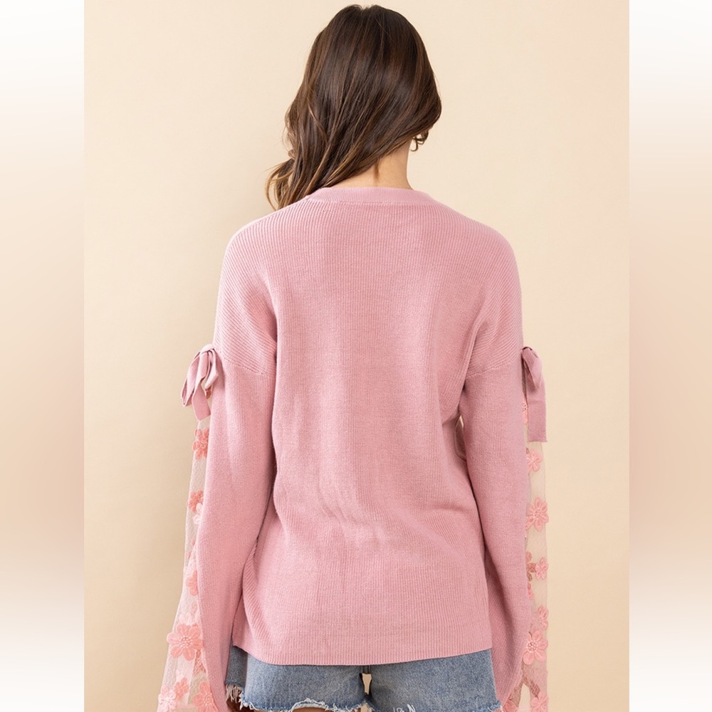 02 Beautiful Flower Detailed Bell Sleeve Knit Sweater Top - Picture 4 of 5